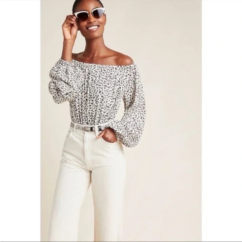 Anthropologie Womens Cascais Leopard Print Off the Shoulder Top Size XS Cream